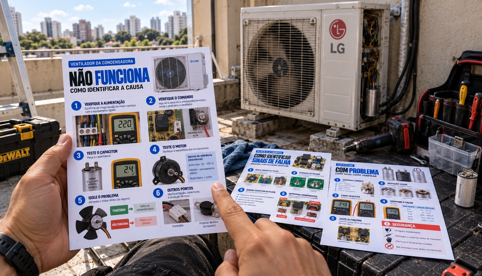 Páginas técnicas do guia sendo consultadas durante um diagnóstico de ar-condicionado